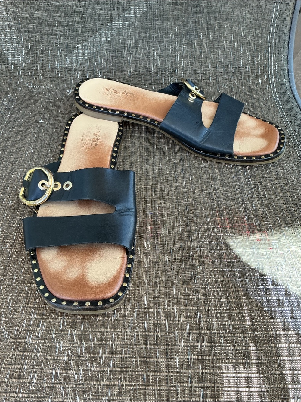 Coach and Four Black Leather Buckle Studded Flat Sandals